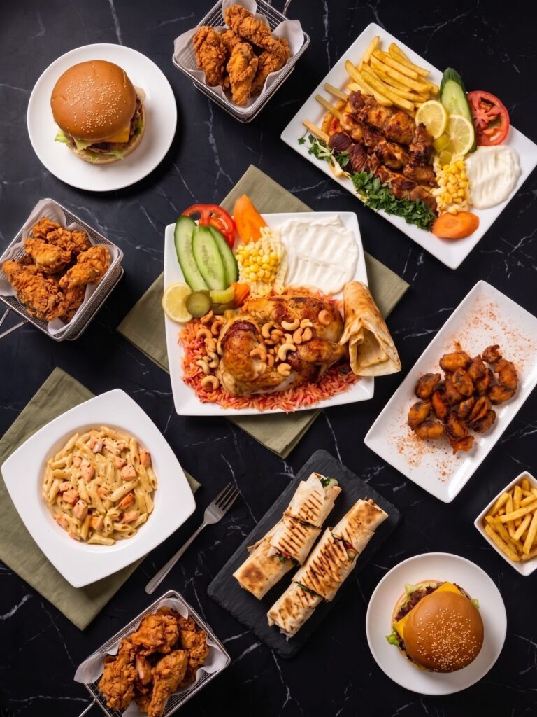 Een tafel vol gerechten van Restaurant 366: broasted kip, shishtaouk met friet, kabseh met hele kip, pasta, mosselen en broodjes