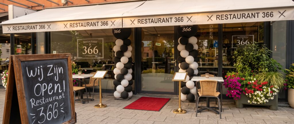 Restaurant 366 van buiten: het terras onder de luifel met Restaurant 366, met een bord Wij zijn open